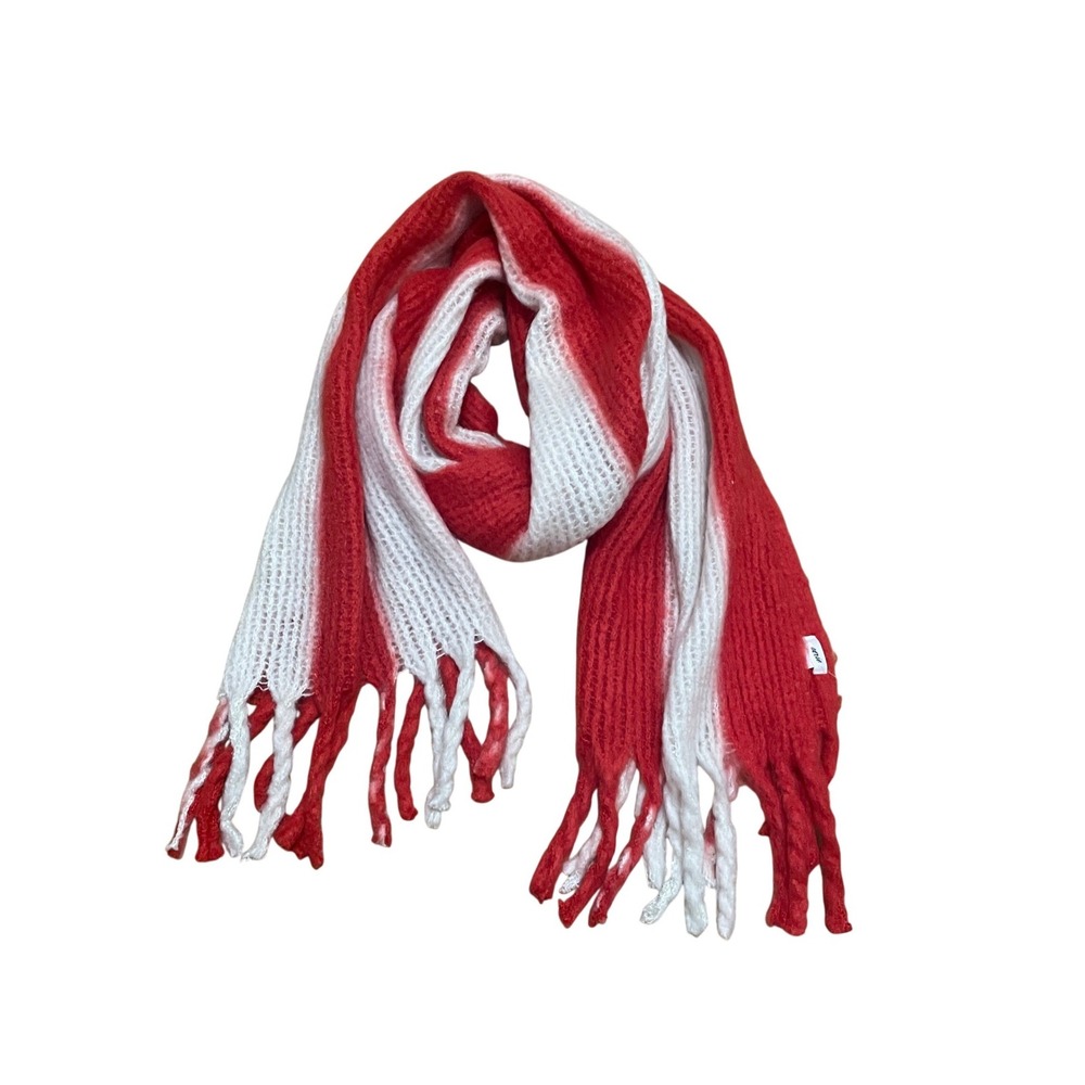 Aerie Red White Striped Fuzzy Cozy Knit Oversized Blanket Fringe Scarf NWT